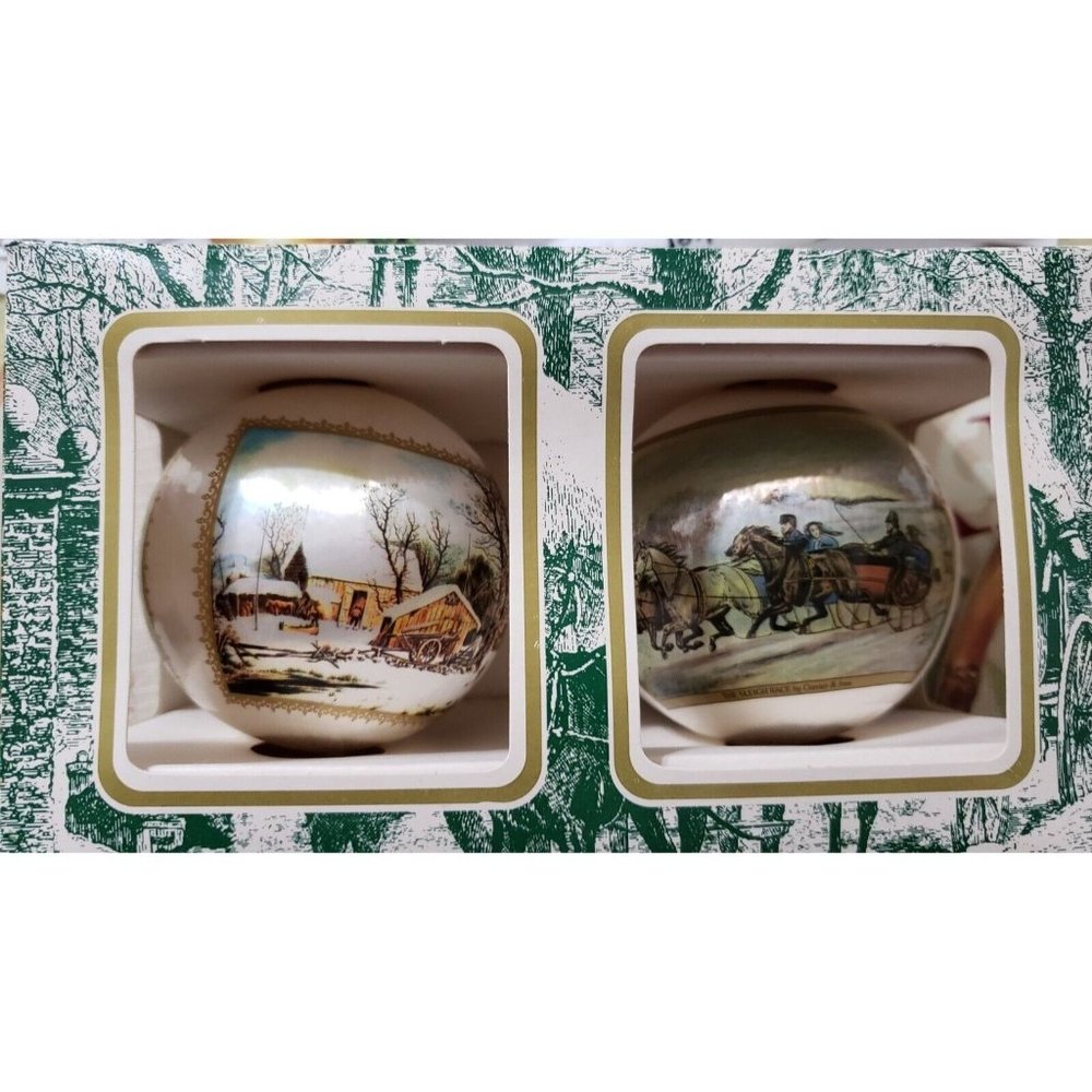 Currier and Ives 2 Satin Ball Ornaments Mid Century by Pepsi